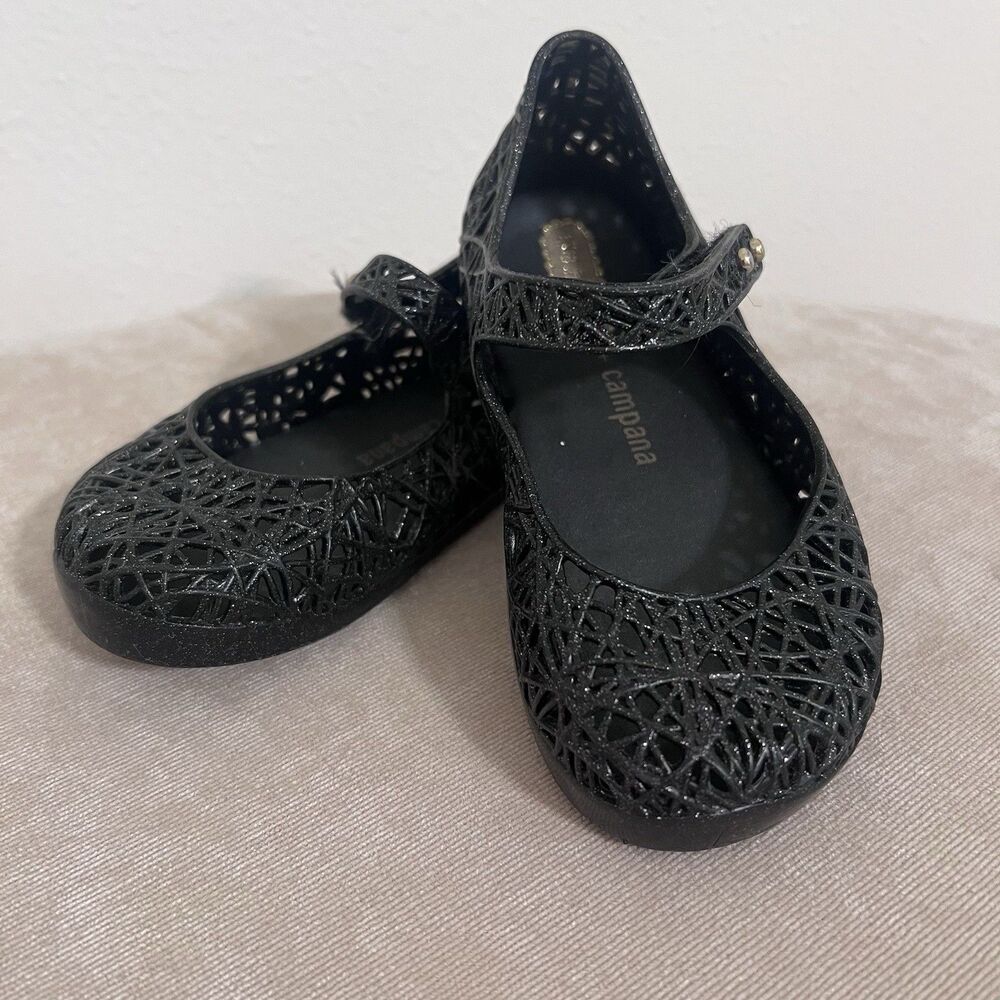 Mini Melissa Campana Zig Zag Jelly Shoes In Black Glitter Size 8